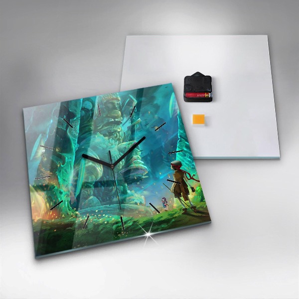 Square glass wall clock Children in the forest