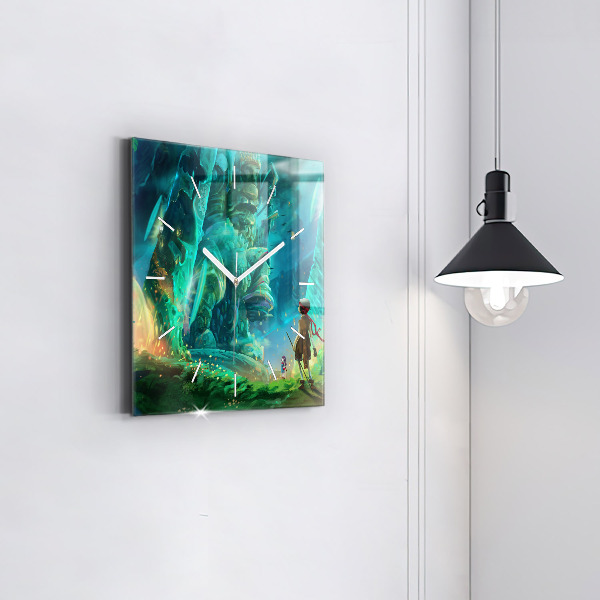 Square glass wall clock Children in the forest