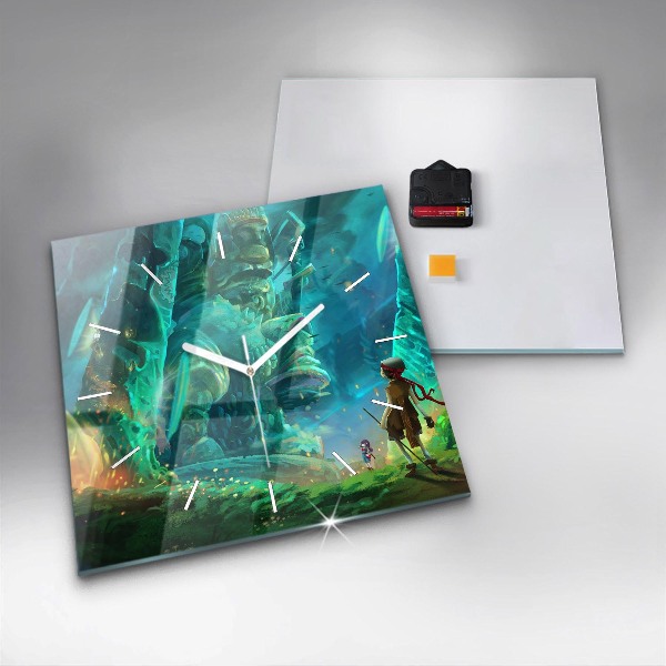 Square glass wall clock Children in the forest