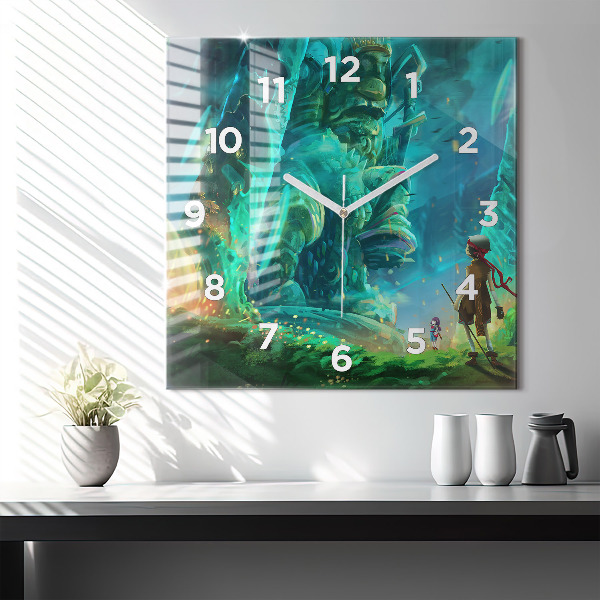 Square glass wall clock Children in the forest