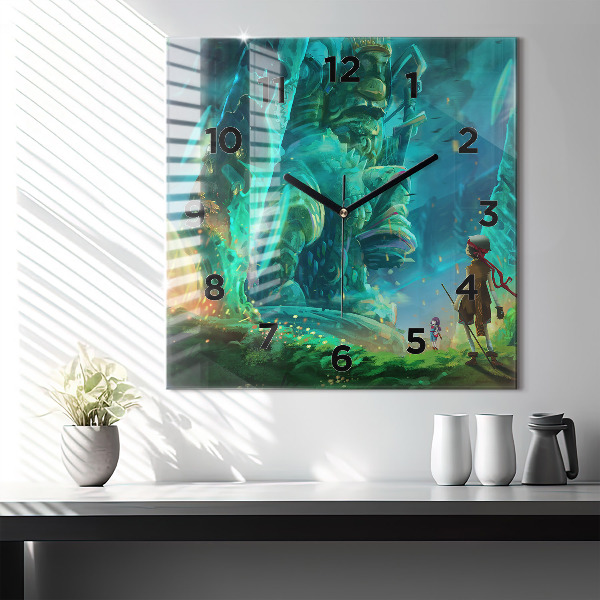 Square glass wall clock Children in the forest