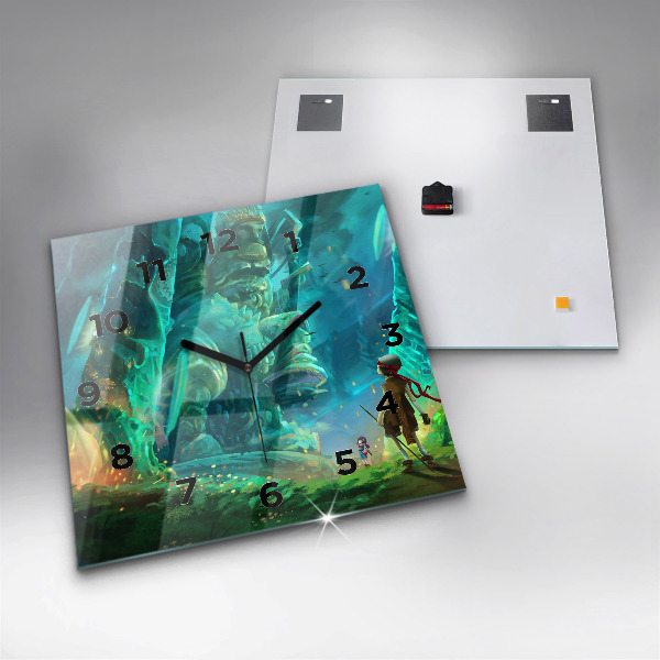 Square glass wall clock Children in the forest