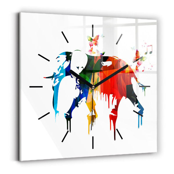 Square glass wall clock Colorful painted elephant