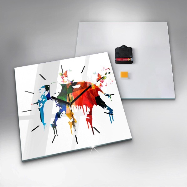 Square glass wall clock Colorful painted elephant