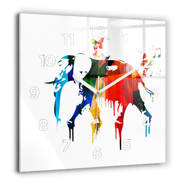 Square glass wall clock Colorful painted elephant