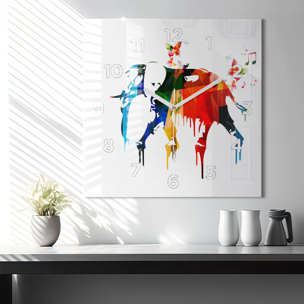 Square glass wall clock Colorful painted elephant