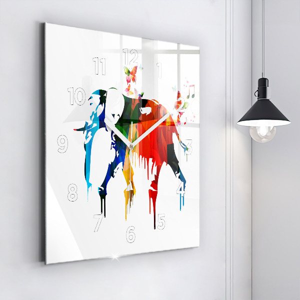 Square glass wall clock Colorful painted elephant