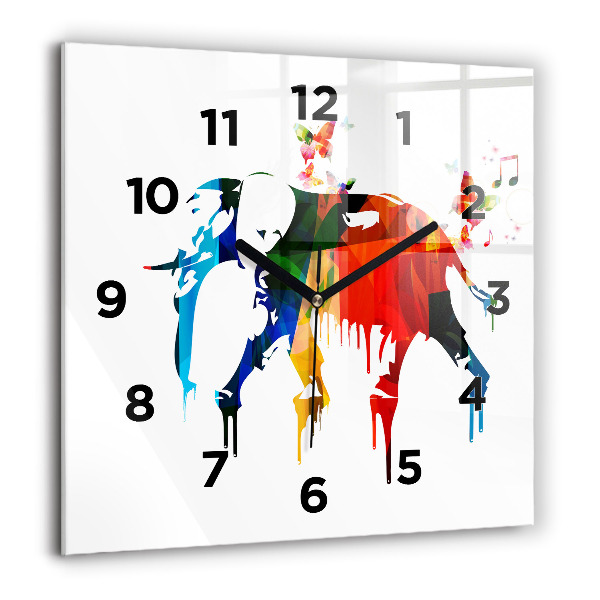 Square glass wall clock Colorful painted elephant