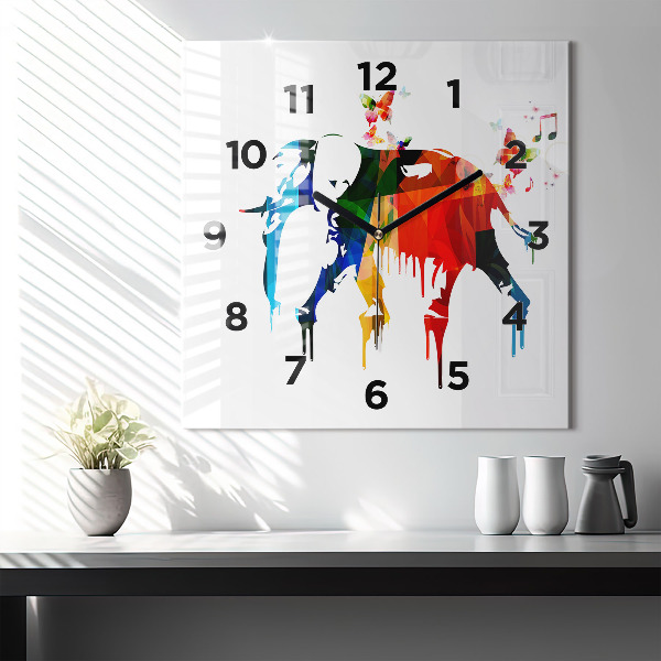 Square glass wall clock Colorful painted elephant