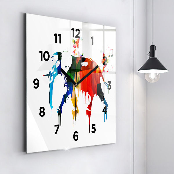 Square glass wall clock Colorful painted elephant