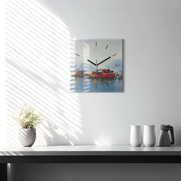 Square glass wall clock Fishing boat in port