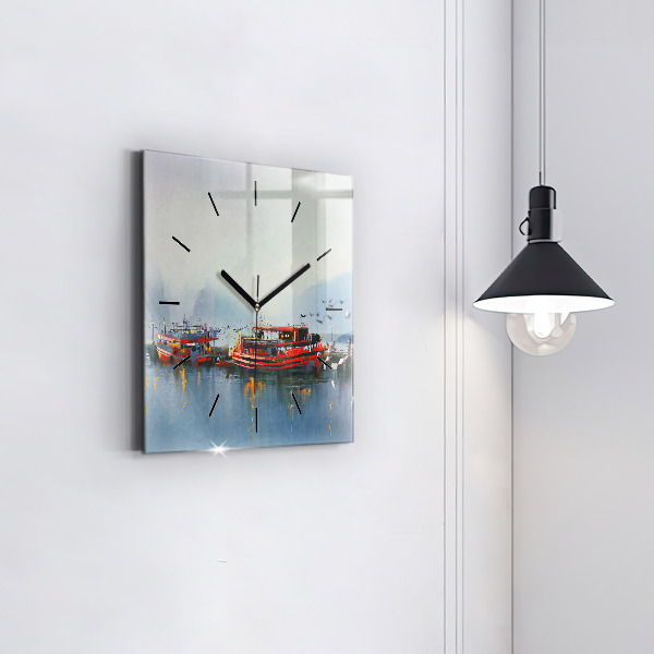Square glass wall clock Fishing boat in port