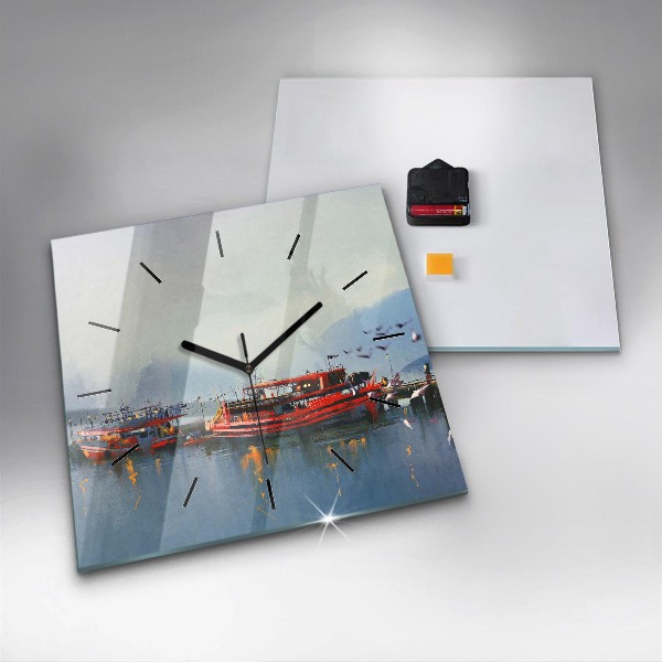 Square glass wall clock Fishing boat in port