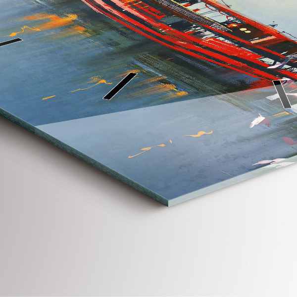 Square glass wall clock Fishing boat in port