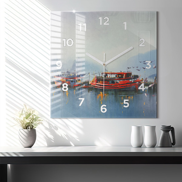 Square glass wall clock Fishing boat in port