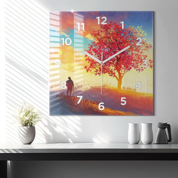 Square glass wall clock Autumn Landscape