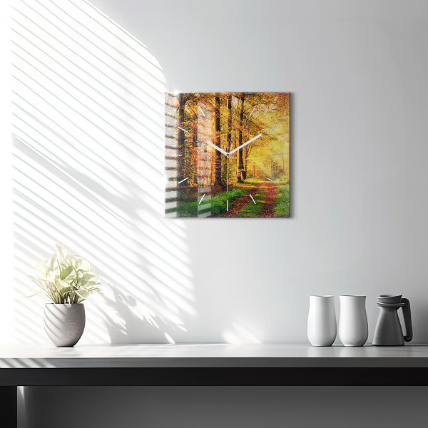 Square glass wall clock Autumn forest scenery