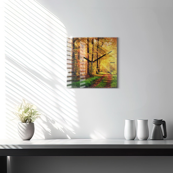 Square glass wall clock Autumn forest scenery