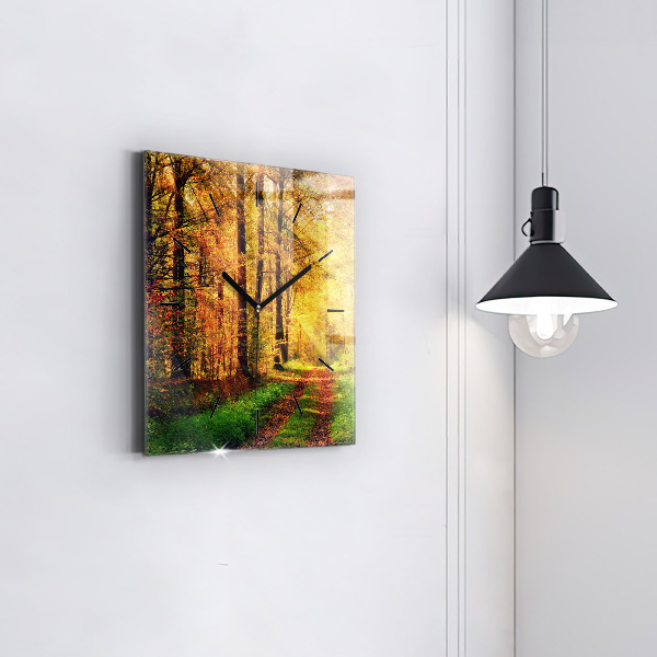 Square glass wall clock Autumn forest scenery