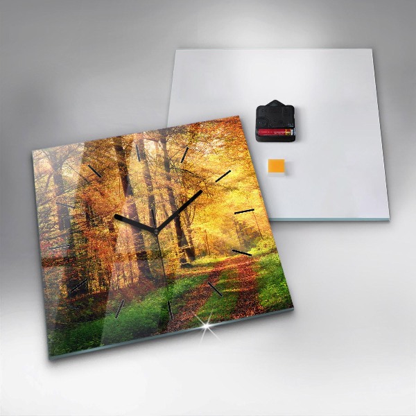 Square glass wall clock Autumn forest scenery
