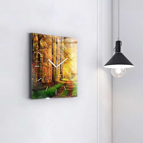 Square glass wall clock Autumn forest scenery