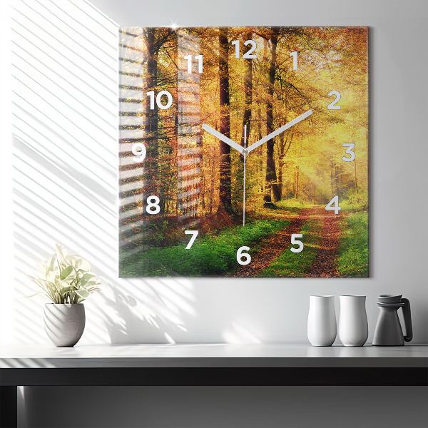 Square glass wall clock Autumn forest scenery