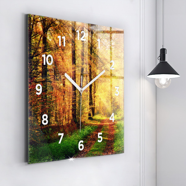 Square glass wall clock Autumn forest scenery