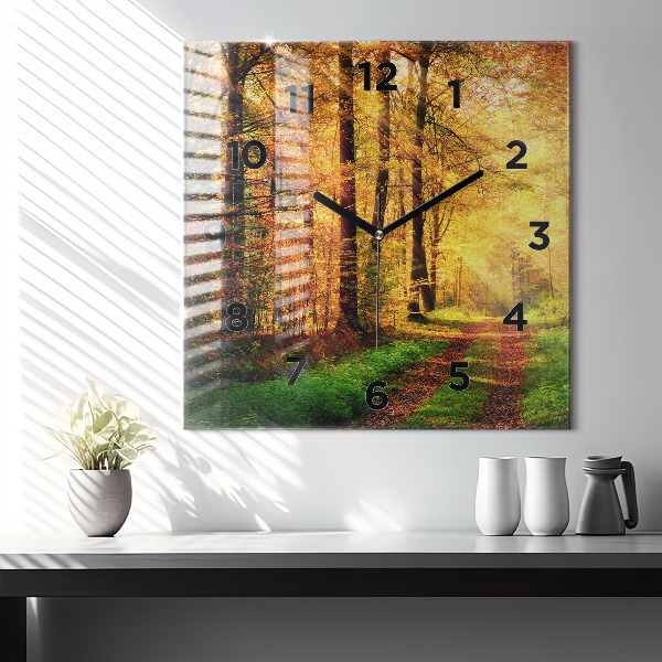 Square glass wall clock Autumn forest scenery