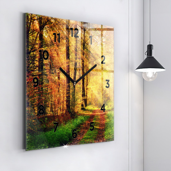 Square glass wall clock Autumn forest scenery