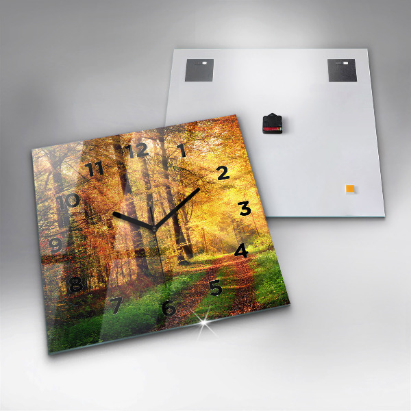 Square glass wall clock Autumn forest scenery