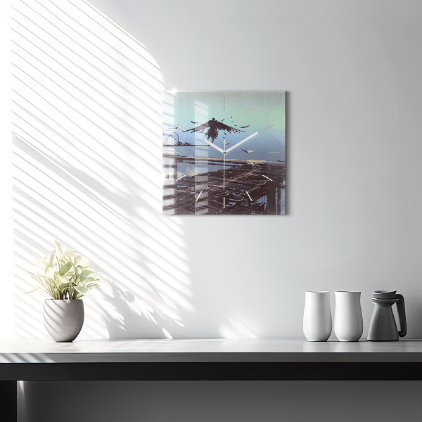 Square glass wall clock Angel, Bridge and Bicycle
