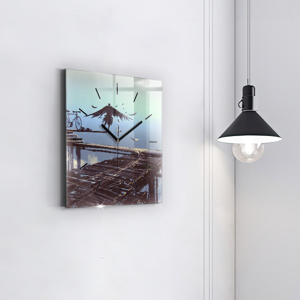 Square glass wall clock Angel, Bridge and Bicycle
