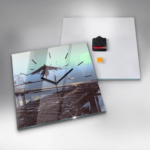 Square glass wall clock Angel, Bridge and Bicycle