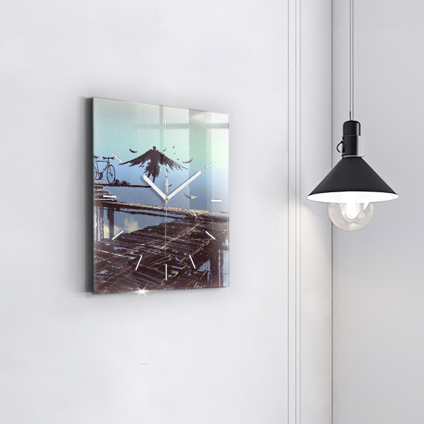 Square glass wall clock Angel, Bridge and Bicycle