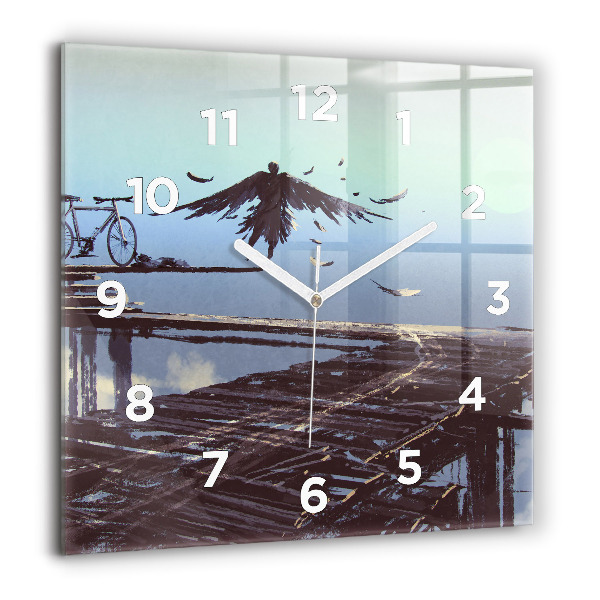 Square glass wall clock Angel, Bridge and Bicycle