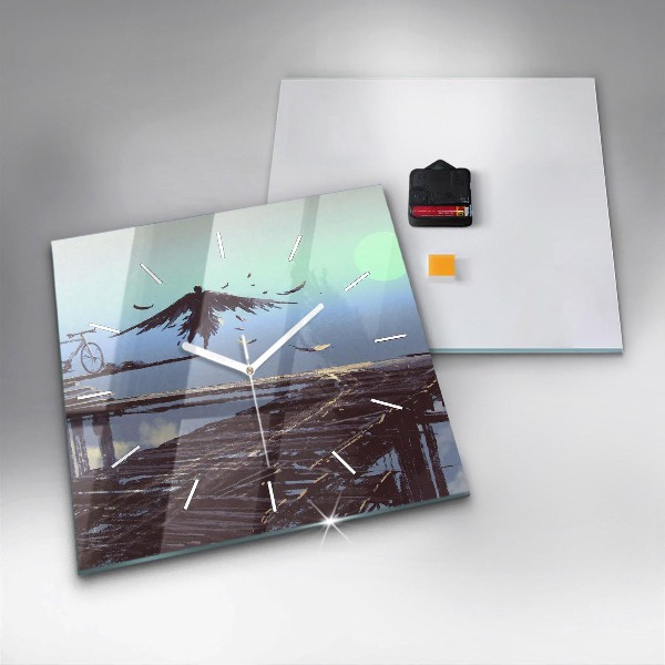 Square glass wall clock Angel, Bridge and Bicycle