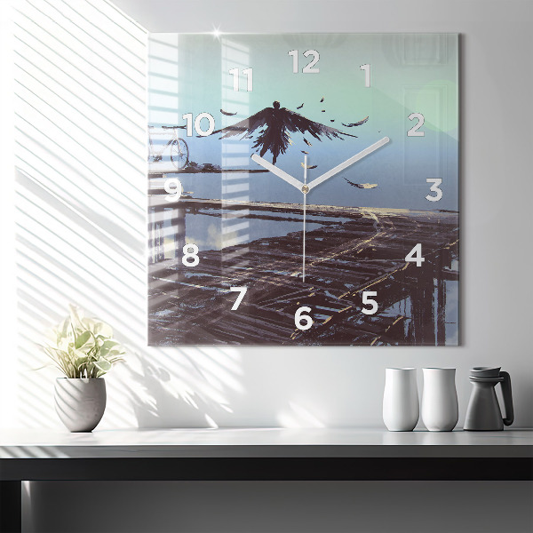 Square glass wall clock Angel, Bridge and Bicycle