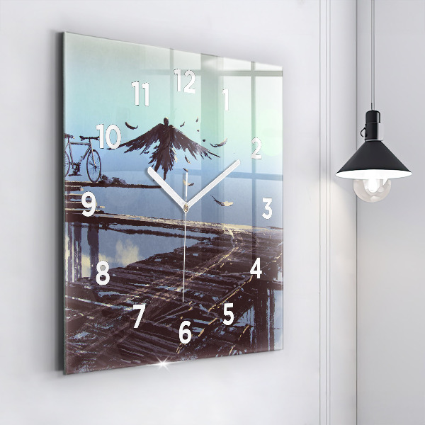 Square glass wall clock Angel, Bridge and Bicycle