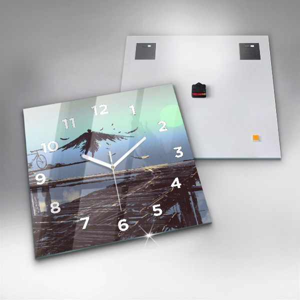 Square glass wall clock Angel, Bridge and Bicycle