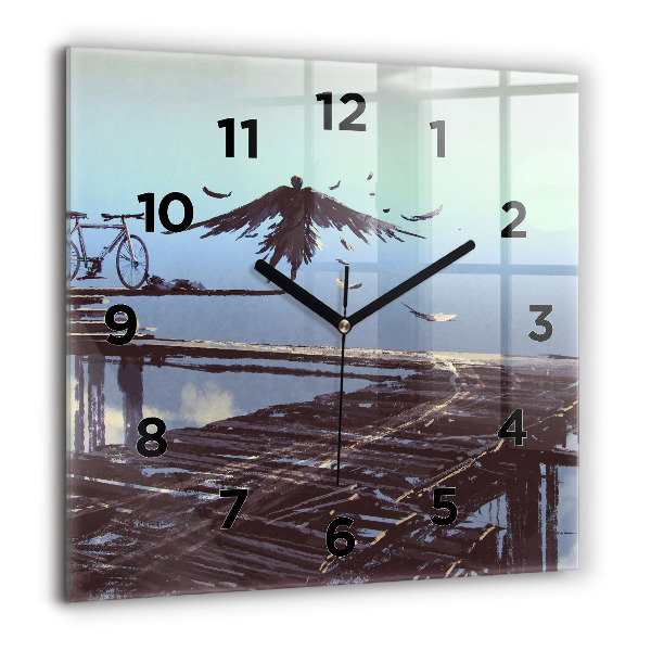 Square glass wall clock Angel, Bridge and Bicycle