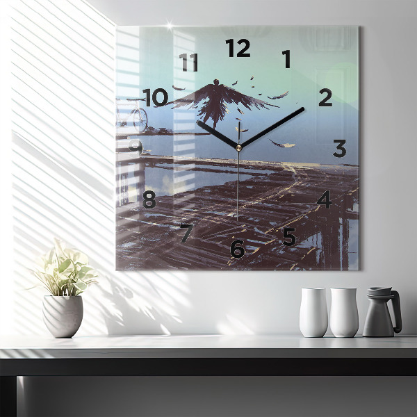 Square glass wall clock Angel, Bridge and Bicycle