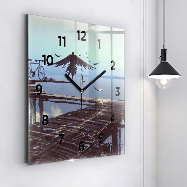 Square glass wall clock Angel, Bridge and Bicycle