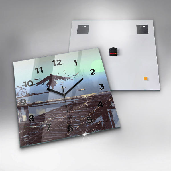 Square glass wall clock Angel, Bridge and Bicycle