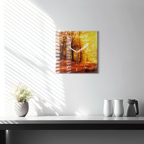 Square glass wall clock Forest landscape in the sun