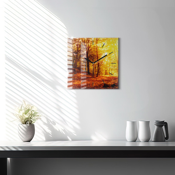 Square glass wall clock Forest landscape in the sun