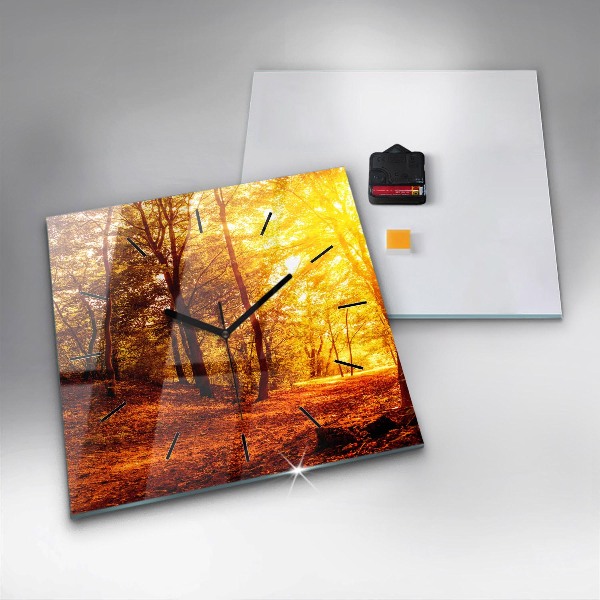 Square glass wall clock Forest landscape in the sun