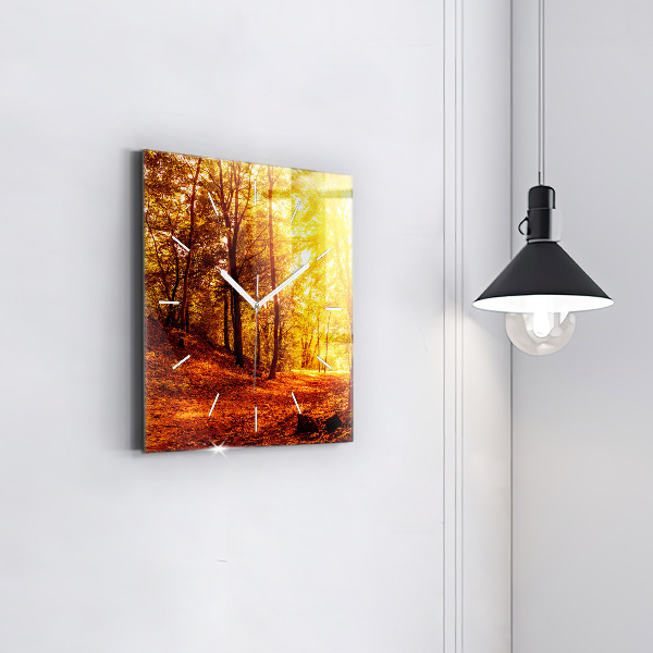 Square glass wall clock Forest landscape in the sun