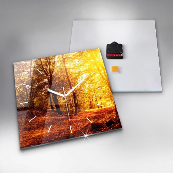 Square glass wall clock Forest landscape in the sun