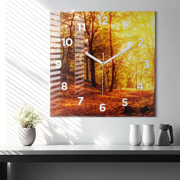 Square glass wall clock Forest landscape in the sun