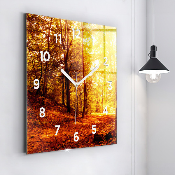 Square glass wall clock Forest landscape in the sun